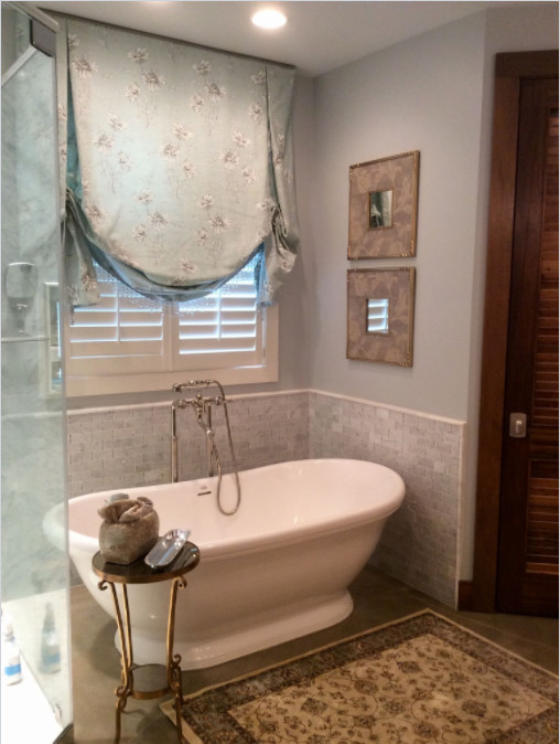 Photo of a large victorian ensuite bathroom in San Diego with a freestanding bath, an alcove shower, grey tiles, white tiles, stone tiles, grey walls, porcelain flooring, grey floors and a hinged door.