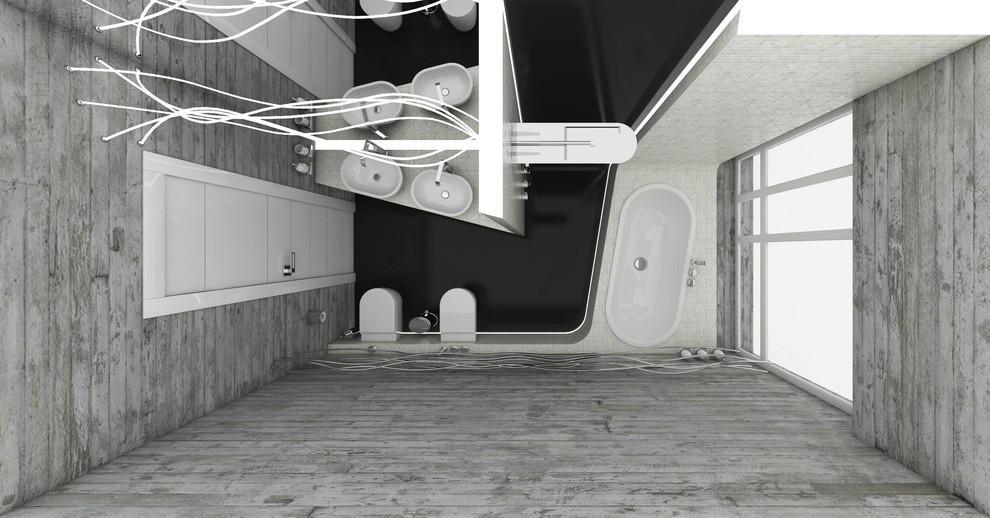Idéer för att renovera ett mellanstort funkis en-suite badrum, med vita skåp, ett platsbyggt badkar, en öppen dusch, en vägghängd toalettstol, grå kakel, grå väggar, ett fristående handfat, kaklad bänkskiva, svart golv och med dusch som är öppen