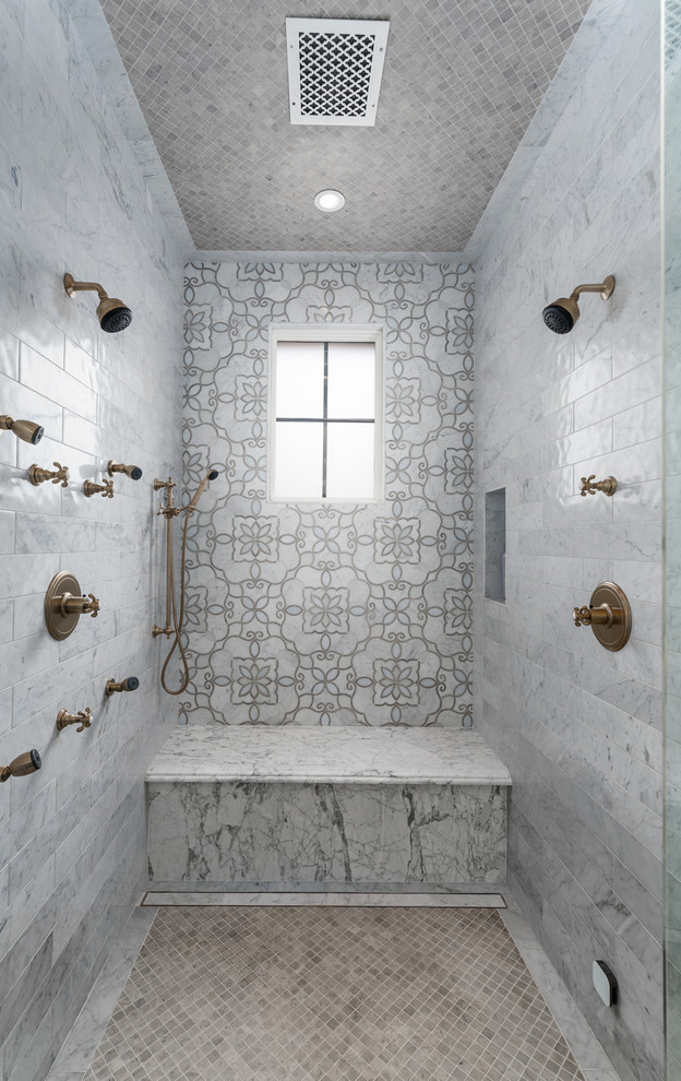 Example of a huge master multicolored tile and porcelain tile marble floor and beige floor bathroom design in Phoenix with furniture-like cabinets, beige cabinets, a two-piece toilet, beige walls, a drop-in sink, marble countertops, a hinged shower door and multicolored countertops