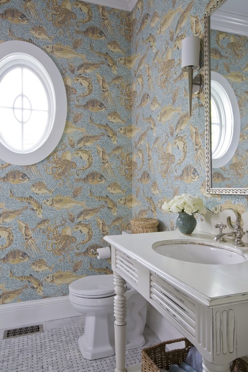 Victorian Opulence: Bathroom Wallpaper Ideas with White Wood Washstand and Marble Floor