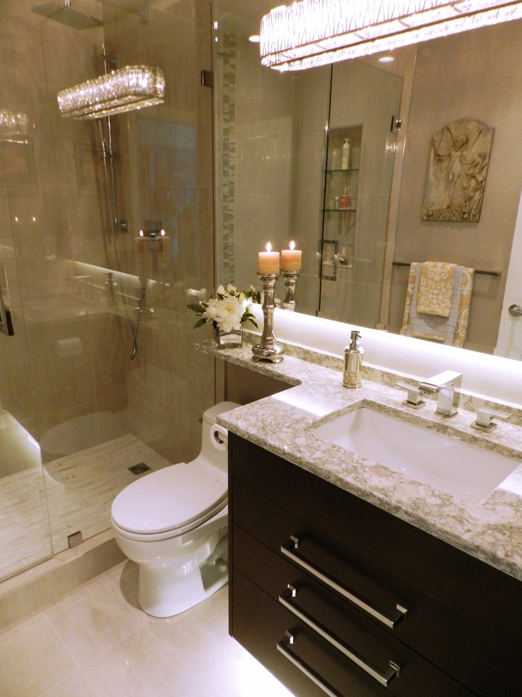 Small classic ensuite bathroom in Vancouver with flat-panel cabinets, dark wood cabinets, a walk-in shower, a two-piece toilet, beige tiles, porcelain tiles, grey walls, porcelain flooring, a submerged sink and engineered stone worktops.