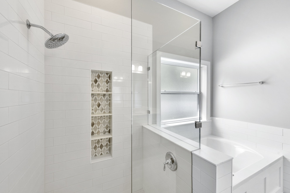 This is an example of a medium sized rural ensuite bathroom in Jacksonville with a built-in bath, a corner shower, white tiles, porcelain tiles, a submerged sink, quartz worktops, a hinged door, white worktops and double sinks.