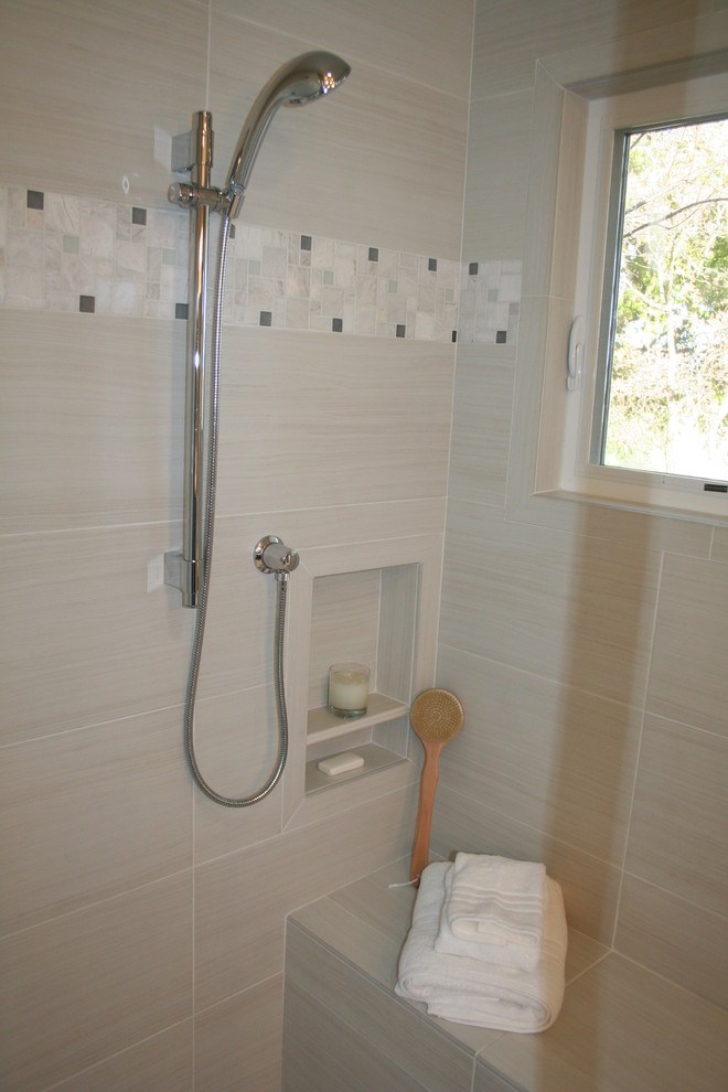 Example of a mid-sized minimalist master gray tile and porcelain tile porcelain tile bathroom design in San Francisco with an undermount sink, recessed-panel cabinets, dark wood cabinets, quartz countertops, a two-piece toilet and gray walls