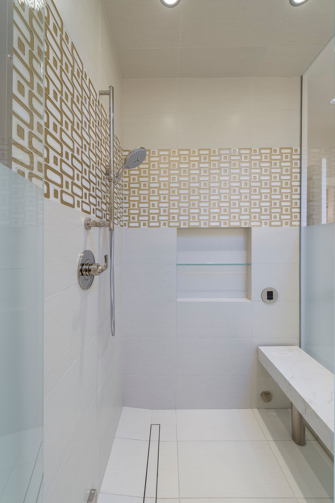 Example of a mid-sized classic master white tile porcelain tile walk-in shower design in Chicago with an integrated sink, beaded inset cabinets, light wood cabinets, quartz countertops and white walls