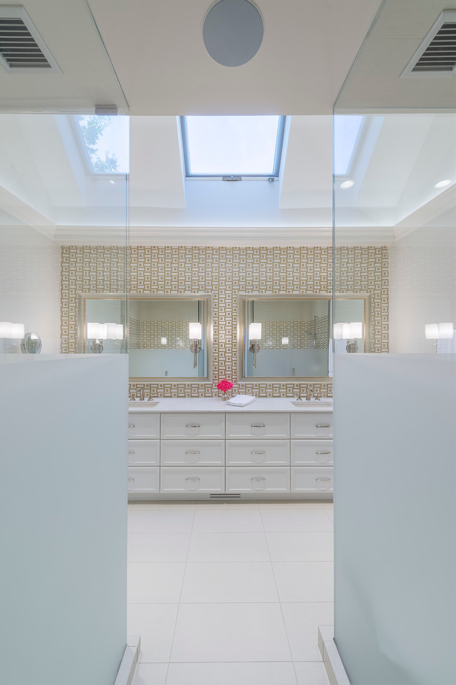 Design ideas for a medium sized classic ensuite bathroom in Chicago with beaded cabinets, light wood cabinets, engineered stone worktops, a built-in shower, a one-piece toilet, white tiles, glass tiles, white walls, porcelain flooring and an integrated sink.