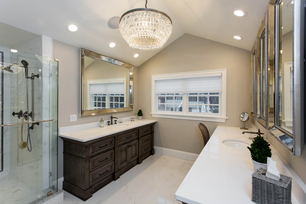 Design ideas for a large classic ensuite bathroom in Boston with recessed-panel cabinets, distressed cabinets, white tiles, beige walls, engineered stone worktops, an alcove shower, marble flooring, a submerged sink, white floors and a hinged door.