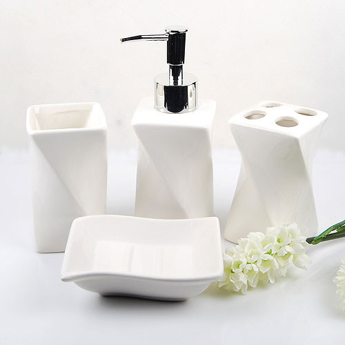 4 Piece Elegant Ceramic Bathroom Accessory Set White Stripe 