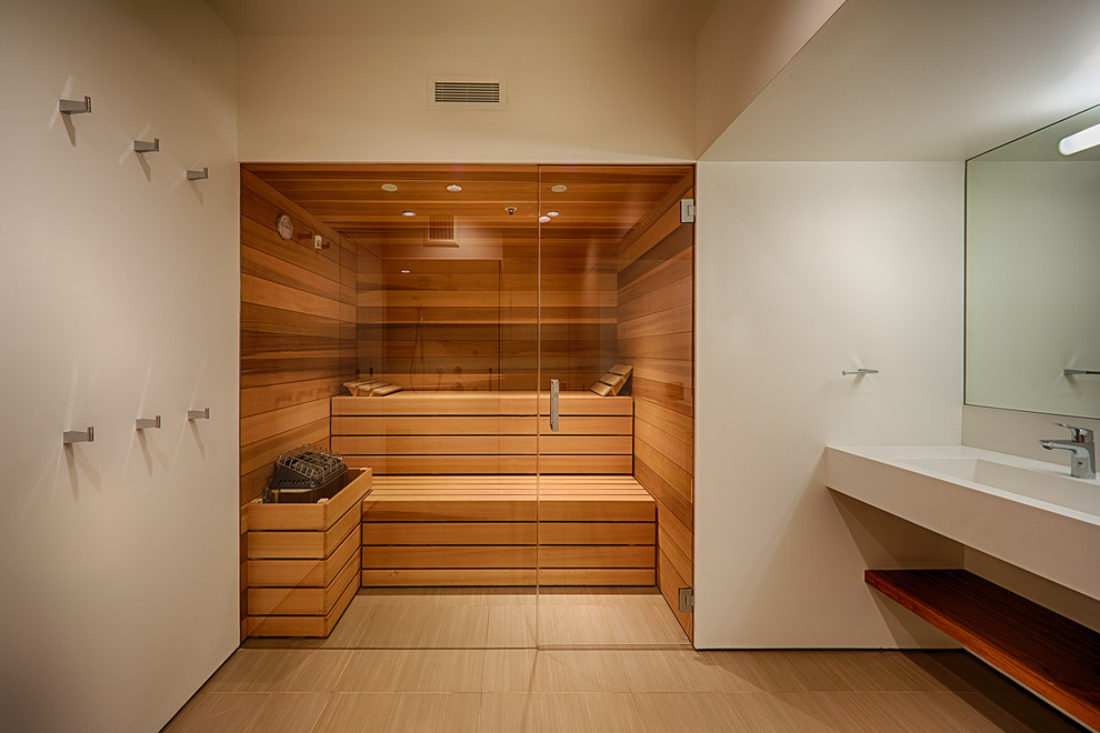 Exempel på ett stort modernt en-suite badrum, med släta luckor, ett badkar i en alkov, en dusch i en alkov, beige kakel, brun kakel, vita väggar, ett undermonterad handfat, bänkskiva i kvartsit, klinkergolv i porslin och beiget golv