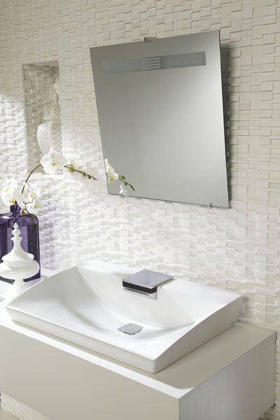 Design ideas for a modern ensuite bathroom in New York with a vessel sink, white tiles, mosaic tiles, white walls and a wall mounted toilet.