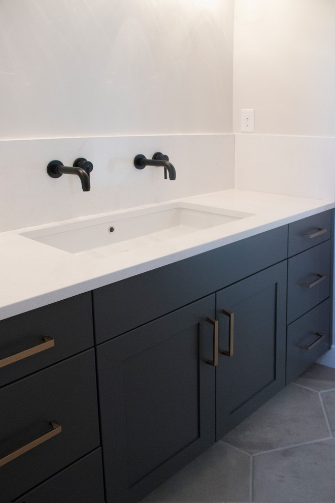 Bathroom - mid-sized farmhouse kids' ceramic tile and gray floor bathroom idea in Salt Lake City with shaker cabinets, blue cabinets, gray walls, an undermount sink and quartz countertops