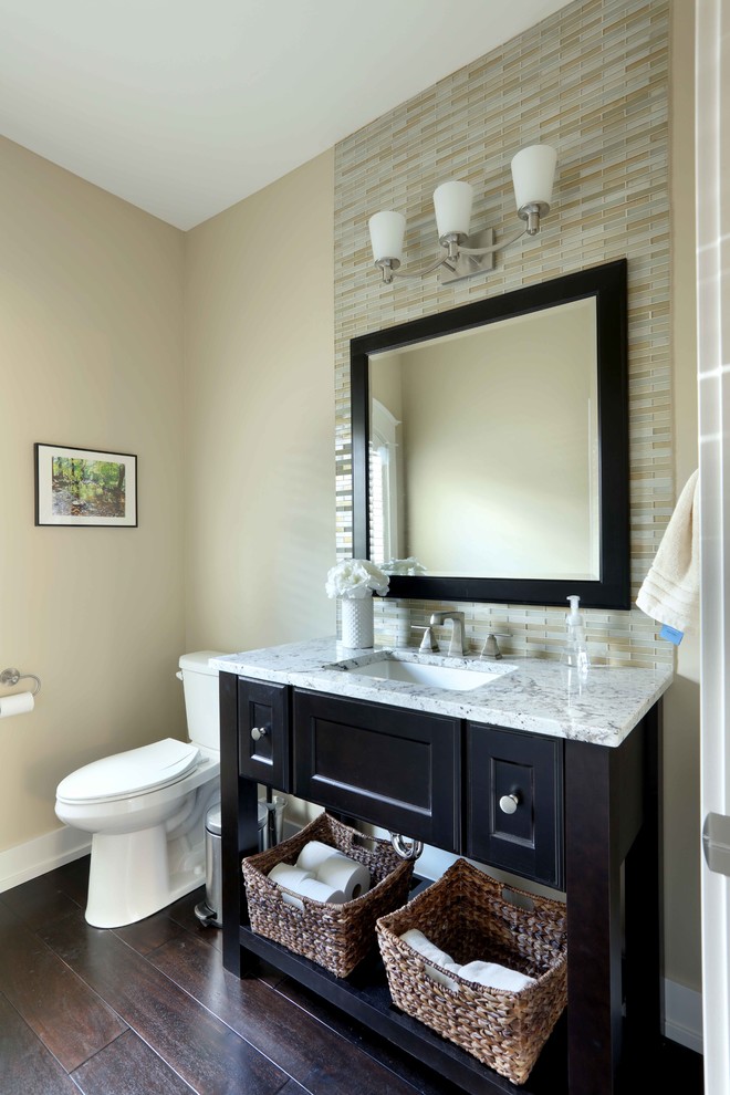 Arts and crafts multicolored tile and matchstick tile dark wood floor and brown floor bathroom photo in Grand Rapids with recessed-panel cabinets, black cabinets, beige walls, an undermount sink and quartz countertops