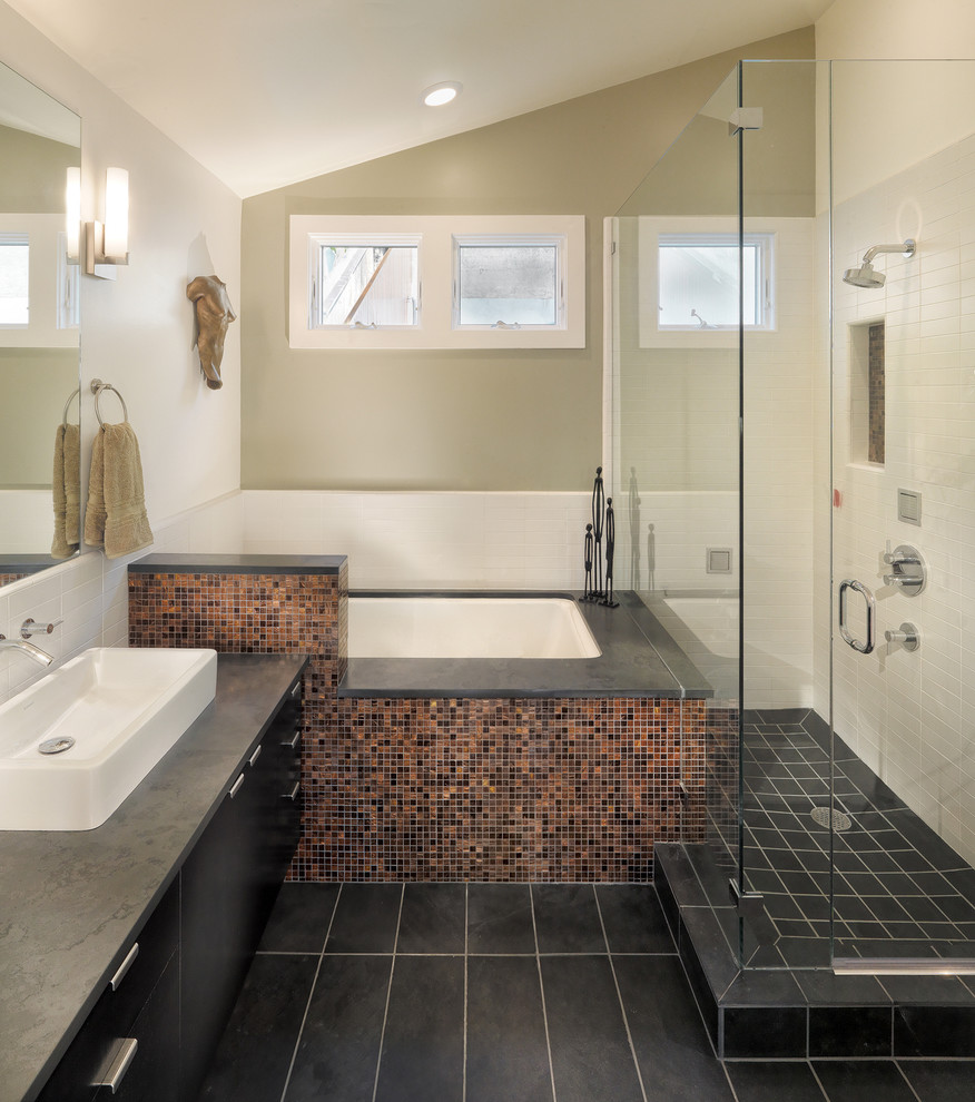 Bathroom - contemporary mosaic tile bathroom idea in San Francisco with a vessel sink