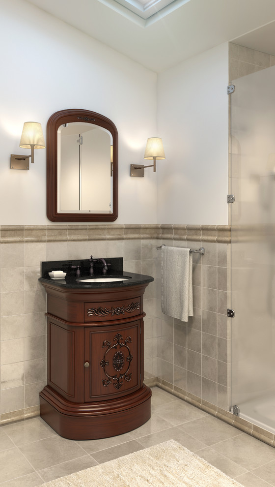 Exemple d'une petite salle de bain chic en bois foncé avec un placard en trompe-l'oeil, un carrelage beige, des carreaux de céramique, un mur blanc, un lavabo encastré et un plan de toilette en granite.