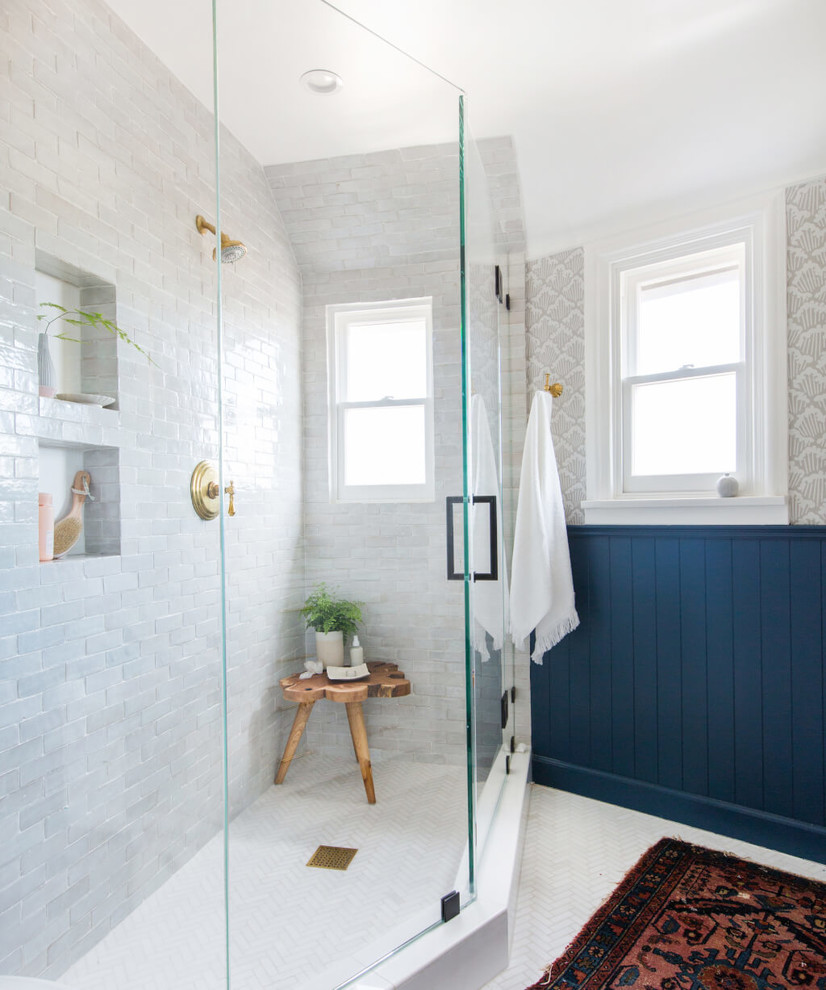 emily henderson's classic modern master bathroom with weathered white subway Bathroom San