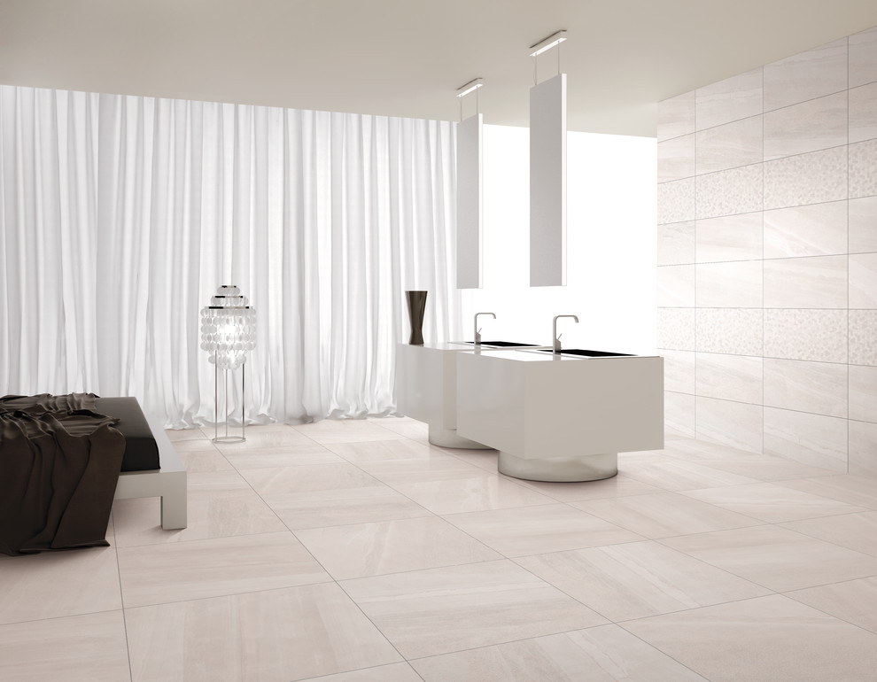 Esempio di una grande stanza da bagno padronale minimal con piastrelle bianche, piastrelle in ceramica, pareti bianche, pavimento con piastrelle in ceramica, lavabo da incasso, pavimento bianco e top grigio
