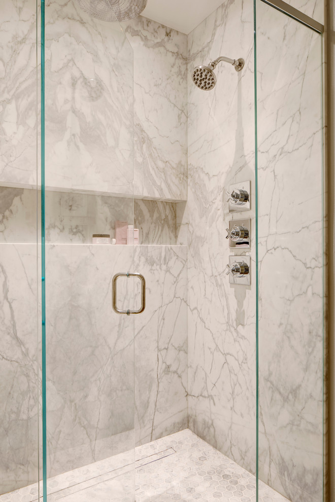 Inspiration for a mid-sized transitional master bathroom remodel in Seattle with a hinged shower door