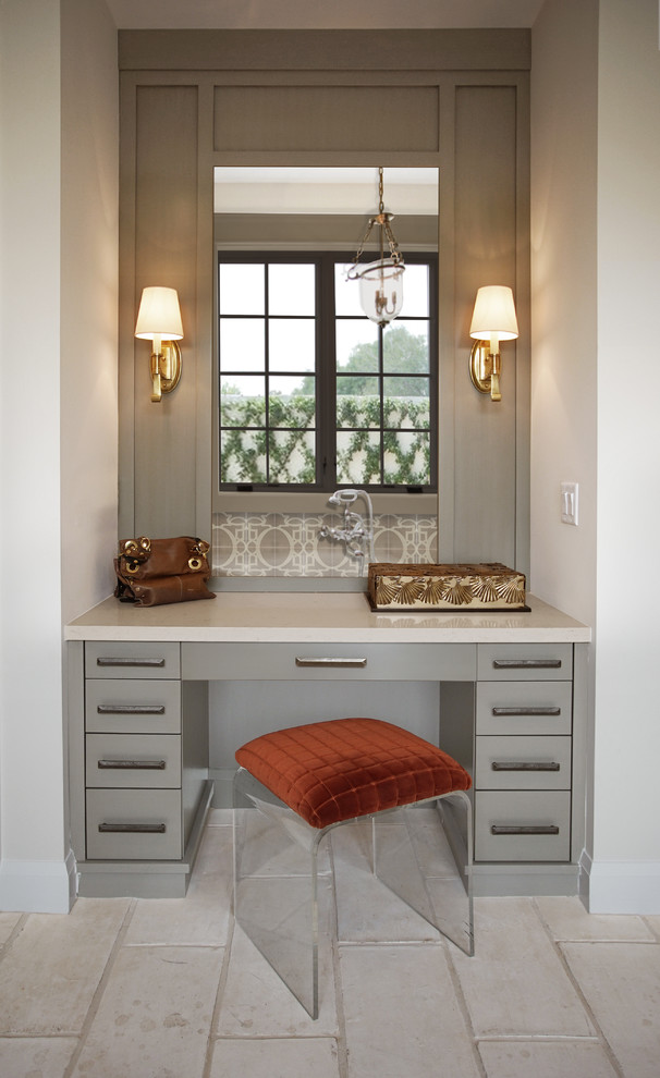 Large traditional ensuite bathroom in Phoenix with recessed-panel cabinets, grey cabinets, a freestanding bath, an alcove shower, grey tiles, terracotta tiles, white walls, terracotta flooring, a submerged sink, engineered stone worktops, white floors, a hinged door, beige worktops, an enclosed toilet, double sinks and a built in vanity unit.
