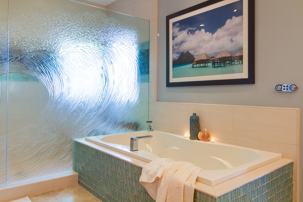 Bathroom - contemporary blue tile and glass tile bathroom idea in San Diego