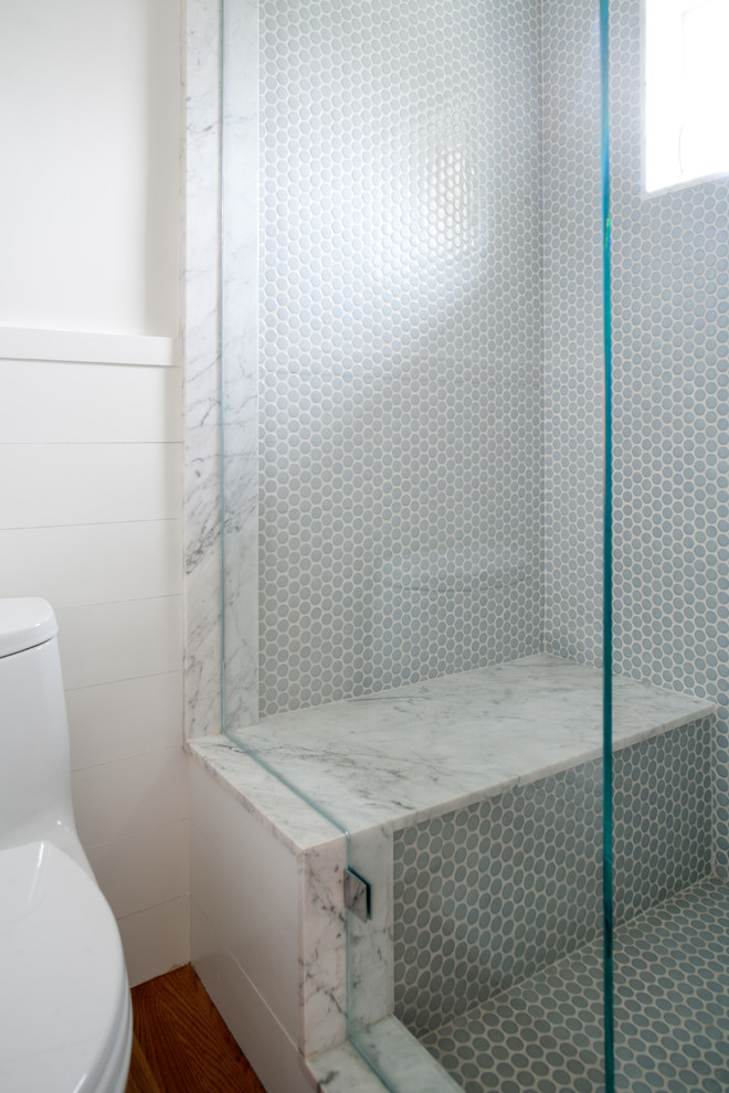 Foto de cuarto de baño contemporáneo pequeño con lavabo suspendido, ducha abierta, sanitario de una pieza, baldosas y/o azulejos azules, baldosas y/o azulejos de cerámica, paredes blancas y suelo de madera en tonos medios