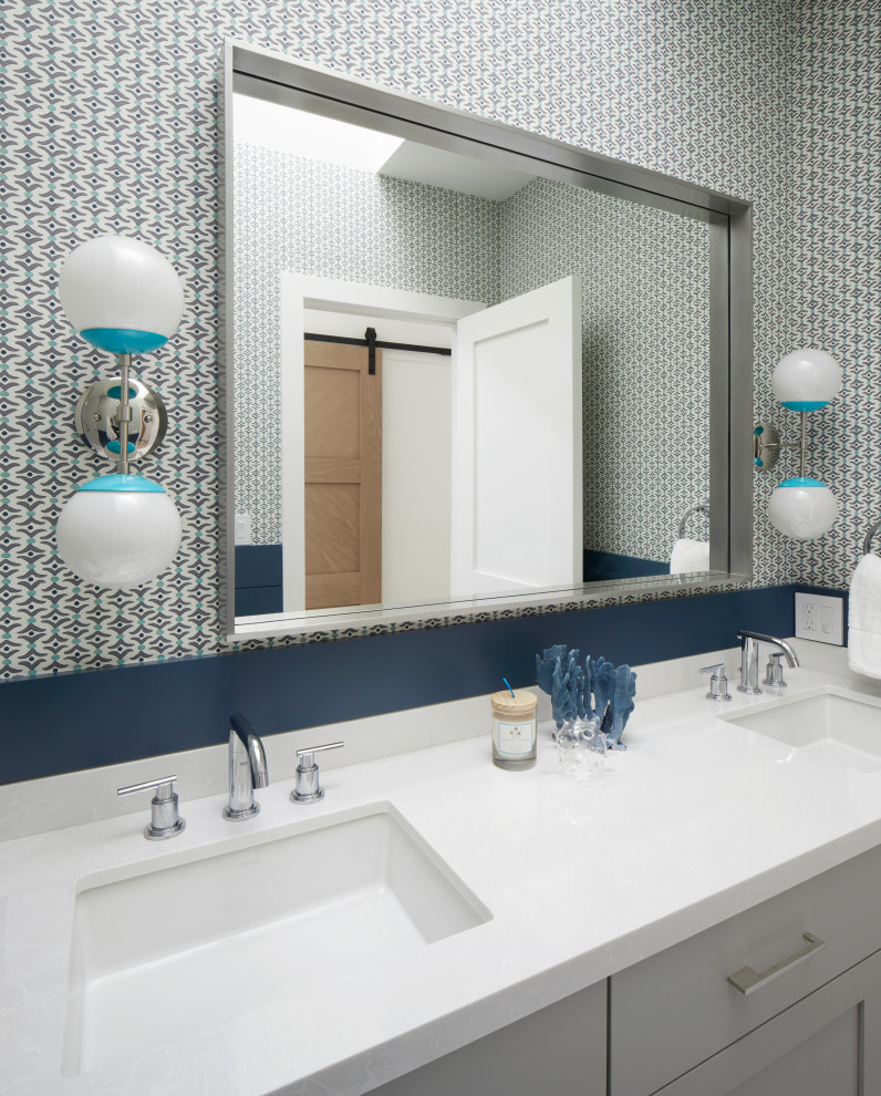 Medium sized contemporary family bathroom in San Francisco with flat-panel cabinets, grey cabinets, a built-in shower, multi-coloured walls, a submerged sink, engineered stone worktops, a hinged door, white worktops, double sinks, a built in vanity unit and wallpapered walls.