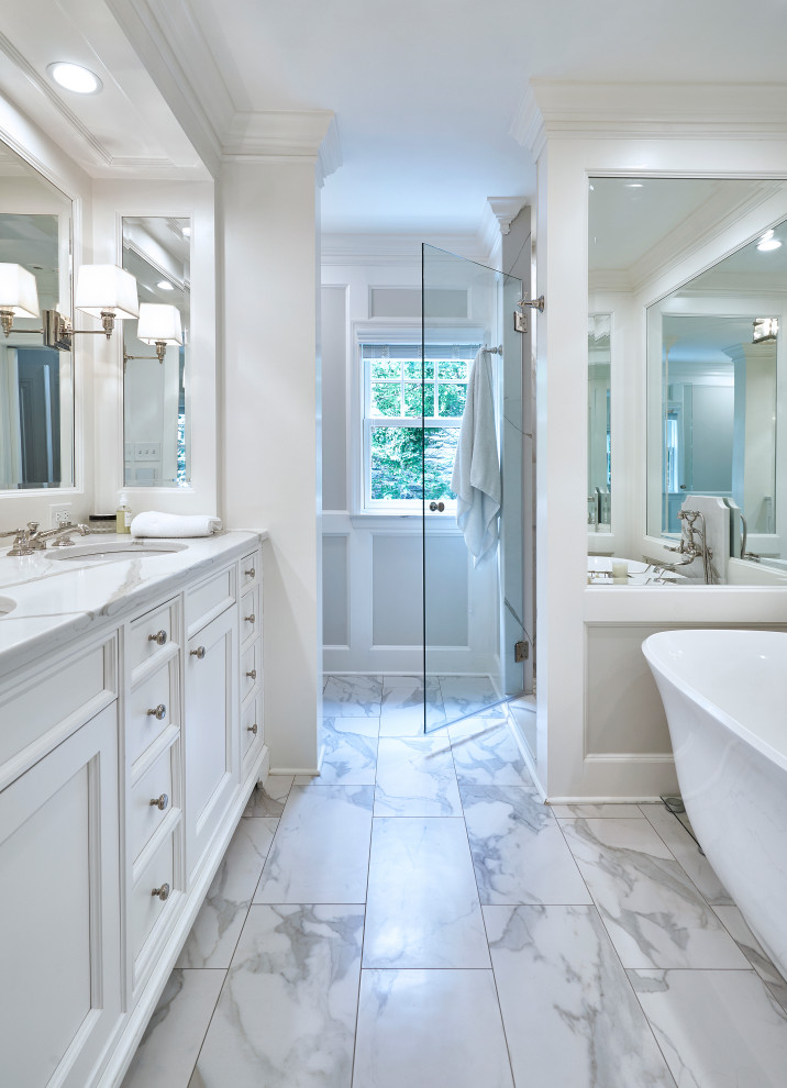 Bathroom - traditional master gray tile and marble tile marble floor, gray floor, double-sink and wall paneling bathroom idea in Philadelphia with shaker cabinets, white cabinets, gray walls, a console sink, quartzite countertops, a hinged shower door, white countertops and a built-in vanity