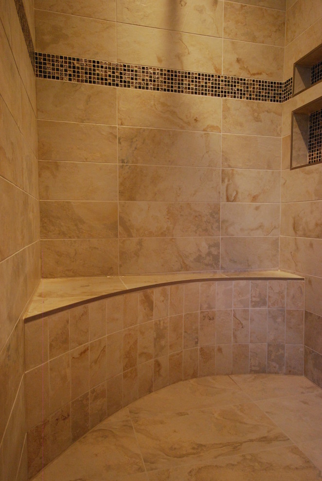 Inspiration for a contemporary master beige tile and mosaic tile porcelain tile walk-in shower remodel in Ottawa with an undermount sink, flat-panel cabinets, dark wood cabinets, laminate countertops and beige walls