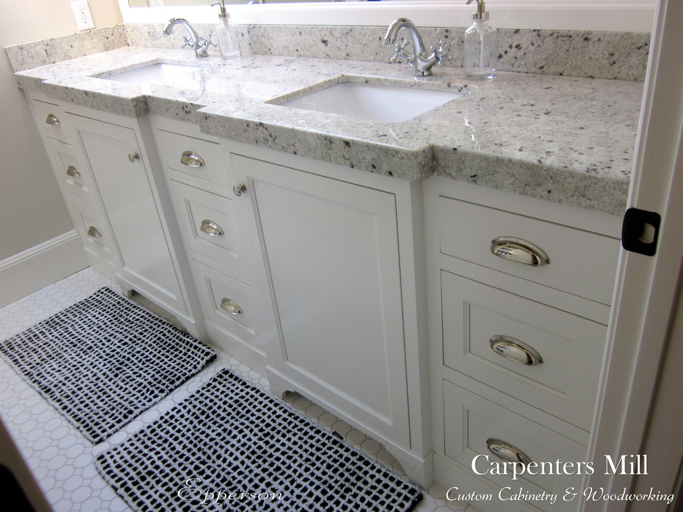 Elegant kids' white tile and porcelain tile mosaic tile floor bathroom photo in Salt Lake City with flat-panel cabinets, white cabinets, granite countertops, a two-piece toilet, an undermount sink and beige walls