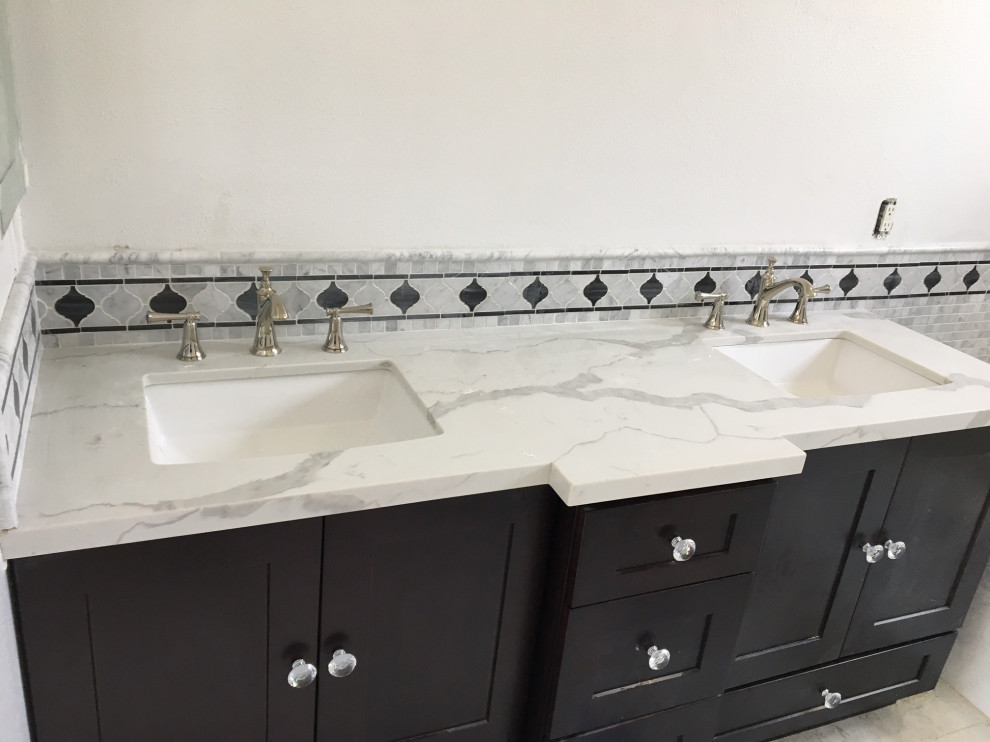 Espresso shaker bathroom vanity with Calacatta Gold quartz bathroom
