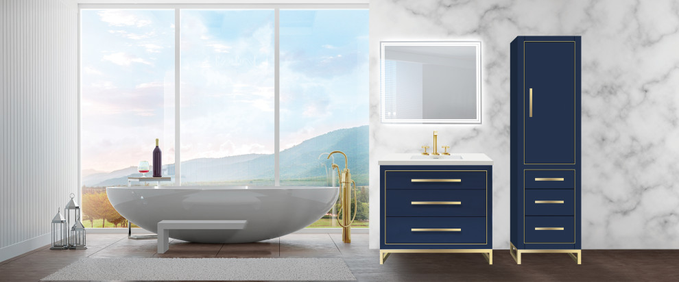 Idée de décoration pour une salle de bain minimaliste de taille moyenne avec un placard en trompe-l'oeil, des portes de placard bleues, un plan de toilette en surface solide et un plan de toilette blanc.