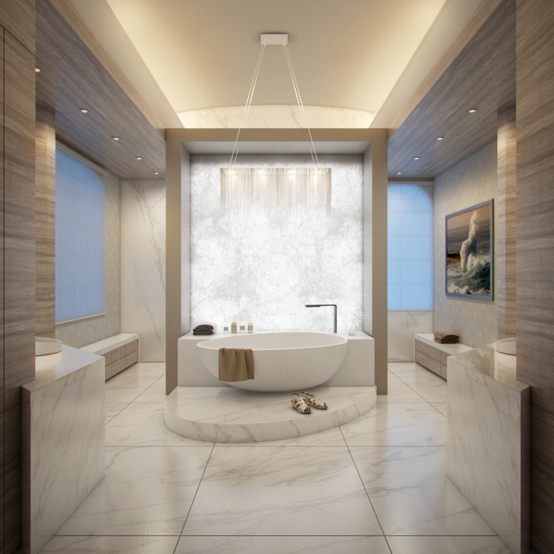 Источник вдохновения для домашнего уюта: большая главная ванная комната в стиле модернизм с отдельно стоящей ванной, керамогранитной плиткой, мраморным полом, двойным душем, плоскими фасадами, светлыми деревянными фасадами, настольной раковиной, мраморной столешницей и бежевыми стенами