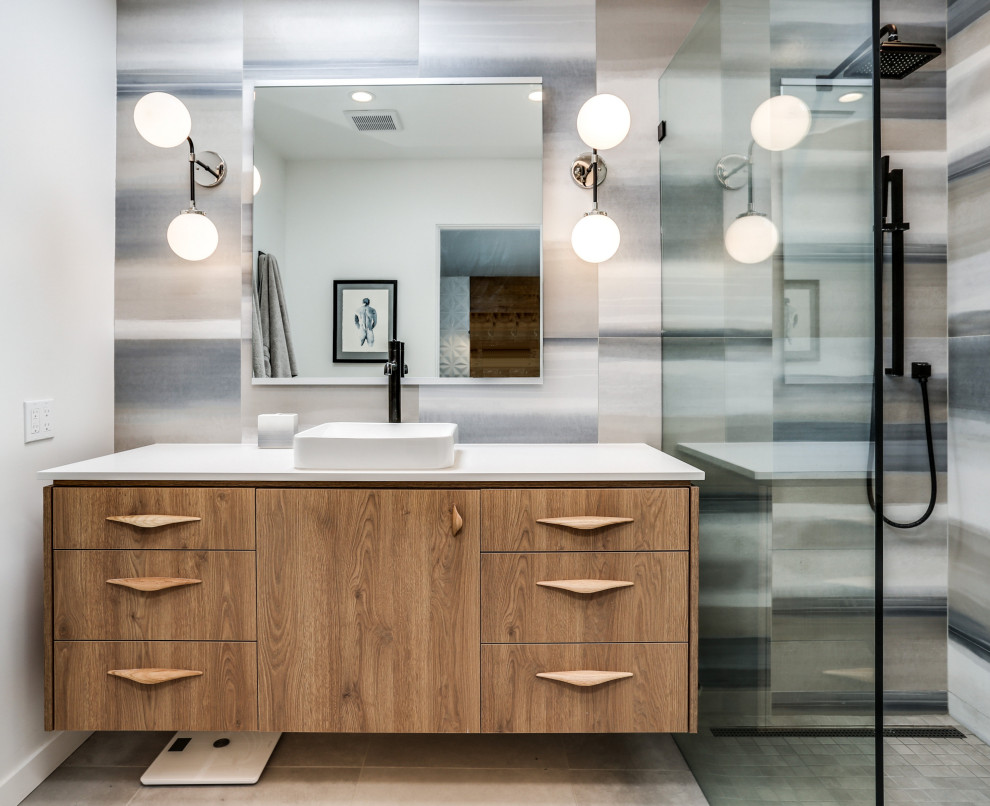 Inspiration for a medium sized midcentury shower room bathroom in Other with flat-panel cabinets, medium wood cabinets, multi-coloured tiles, grey walls, a vessel sink, beige floors, white worktops, a single sink and a floating vanity unit.