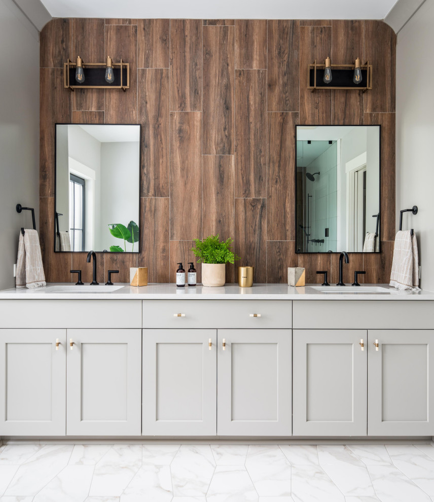 Photo of a nautical ensuite bathroom in Charleston with shaker cabinets, grey cabinets, brown tiles, wood-effect tiles, a submerged sink, white floors, white worktops, double sinks and a built in vanity unit.