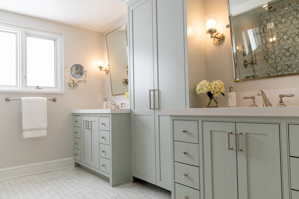 Example of a transitional master multicolored tile double-sink shower bench design in Baltimore with shaker cabinets, a hinged shower door, white countertops and a built-in vanity