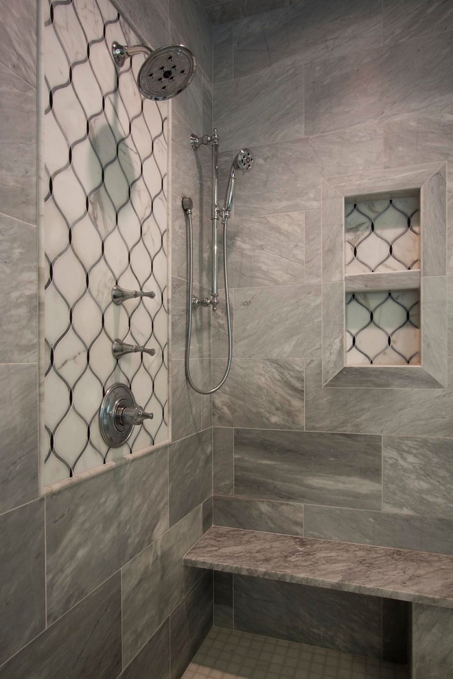 Inspiration for a large traditional ensuite bathroom in Other with shaker cabinets, grey cabinets, a freestanding bath, a corner shower, grey tiles, marble tiles, grey walls, marble flooring, marble worktops, grey floors, a hinged door, a two-piece toilet and a submerged sink.
