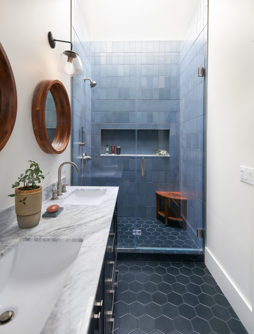 Blue Bathroom Ideas: Stylish Black Vanity and Marble Countertop