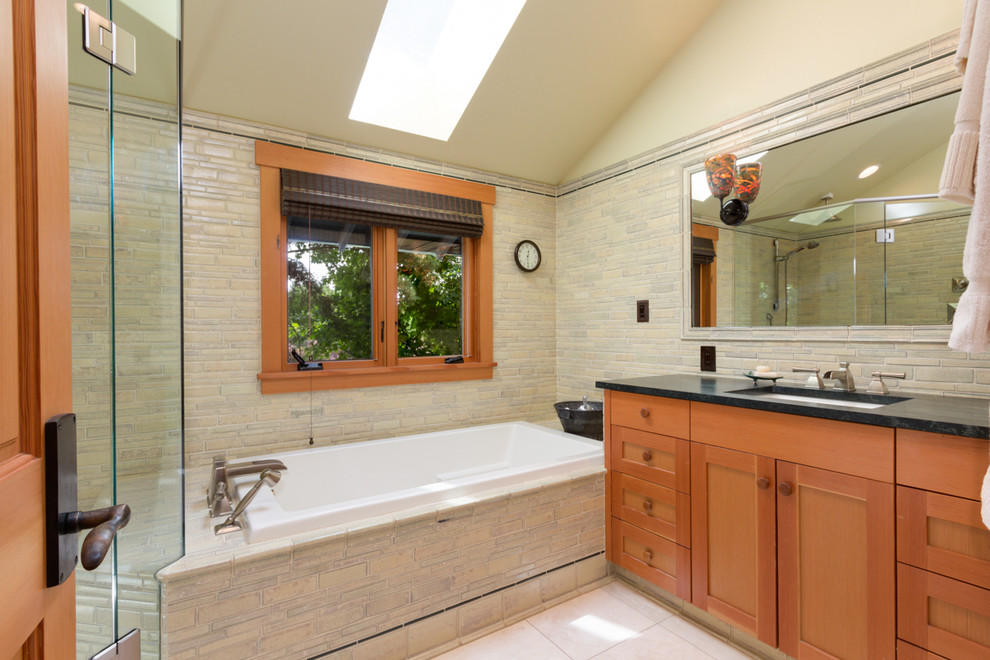 Идея дизайна: большая главная ванная комната в стиле кантри с накладной раковиной, фасадами в стиле шейкер, фасадами цвета дерева среднего тона, столешницей из плитки, накладной ванной, душем в нише и белой плиткой