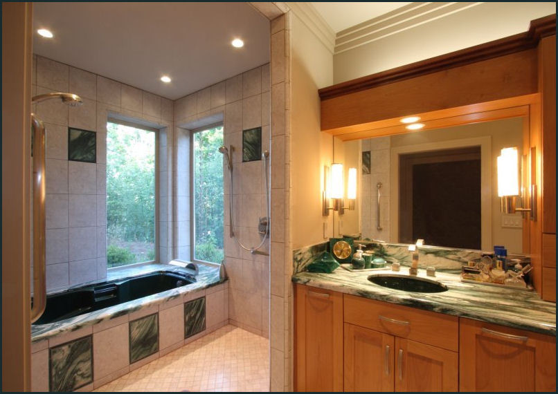 Photo of a large bohemian ensuite bathroom in Portland with a submerged sink, recessed-panel cabinets, medium wood cabinets, quartz worktops, a submerged bath, a walk-in shower, a two-piece toilet, beige tiles, porcelain tiles, beige walls, porcelain flooring, beige floors, an open shower and green worktops.