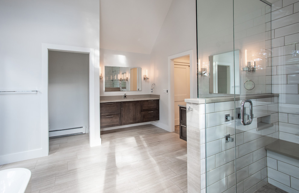 Photo of a medium sized contemporary ensuite wet room bathroom in Denver with shaker cabinets, dark wood cabinets, a built-in bath, white tiles, mosaic tiles, beige walls, medium hardwood flooring, a submerged sink, granite worktops and a hinged door.