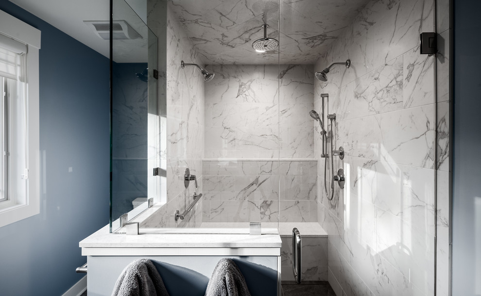 Inspiration for a mid-sized modern master black and white tile and marble tile double shower remodel in Grand Rapids with blue walls and a hinged shower door