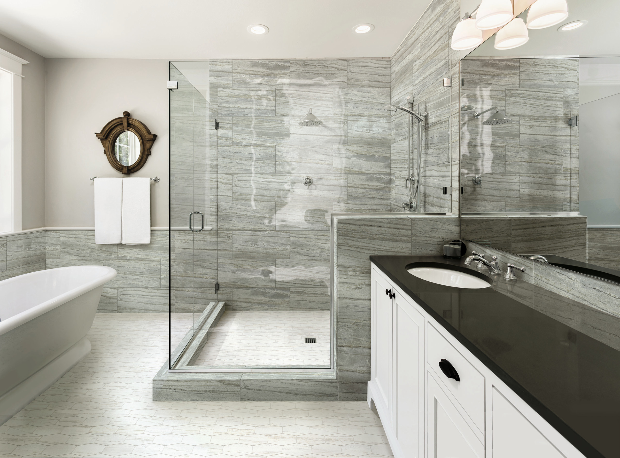 Evolution Avio 12x24 Wall Tile With White Hexagon Mosaic Shower Floor Transitional Bathroom Nashville By Milestone Design Center Houzz Evolution Avio 12x24 Wall Tile With White Hexagon Mosaic Shower Floor Transitional Bathroom Nashville By Milestone Design Center Houzz