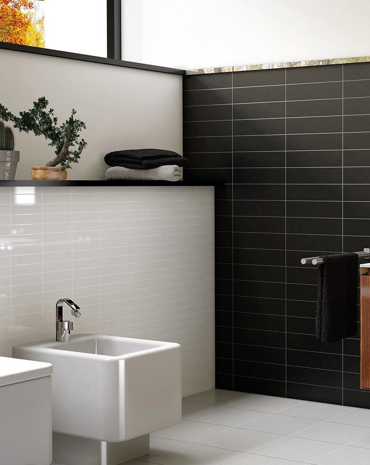 Design ideas for a medium sized modern ensuite bathroom in Orange County with shaker cabinets, dark wood cabinets, a claw-foot bath, a shower/bath combination, a bidet, black and white tiles, porcelain tiles, white walls, porcelain flooring, a vessel sink and engineered stone worktops.