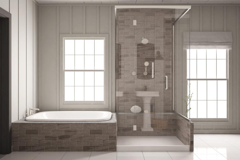 トロントにある中くらいなトラディショナルスタイルのおしゃれな浴室 (ドロップイン型浴槽、アルコーブ型シャワー、茶色いタイル、セラミックタイル、白い壁、クッションフロア、ペデスタルシンク、白い床、開き戸のシャワー) の写真