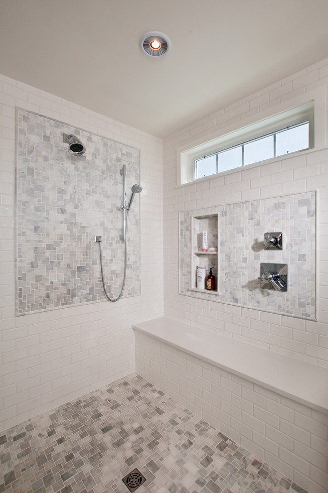 Design ideas for a medium sized classic ensuite bathroom in Philadelphia with a double shower, grey tiles and metro tiles.