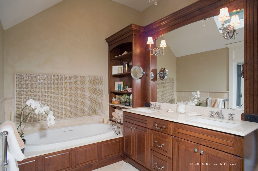 Bathroom - large traditional master beige tile and stone tile marble floor bathroom idea in Boston with an undermount sink, beaded inset cabinets, dark wood cabinets, marble countertops, a two-piece toilet and beige walls