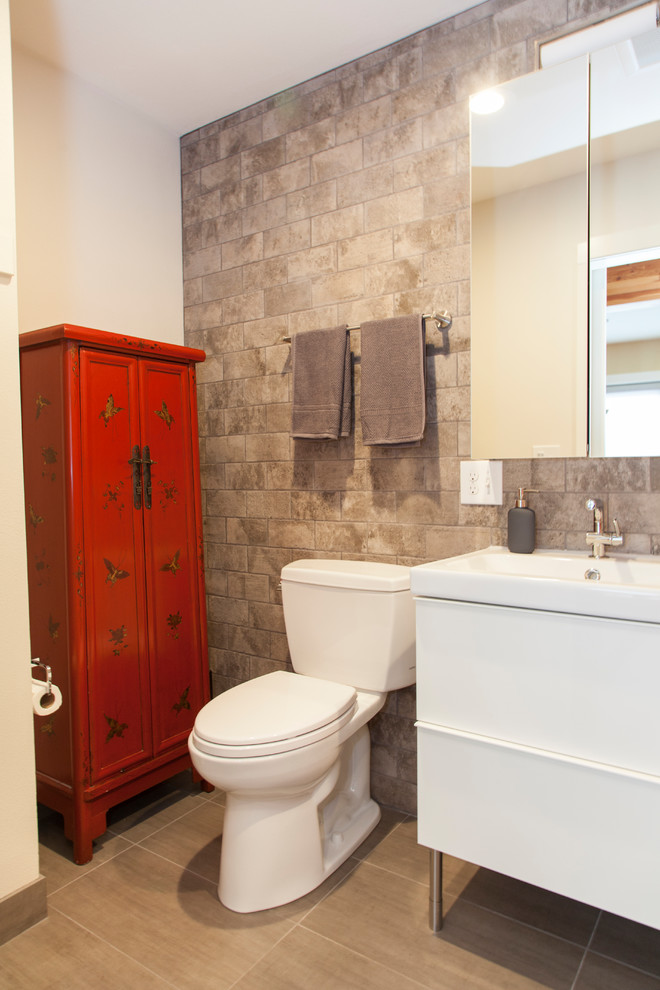 Small contemporary bathroom in Portland with white cabinets, beige tiles, ceramic tiles and ceramic flooring.