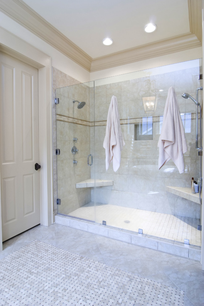 Elegant beige tile alcove shower photo in San Francisco