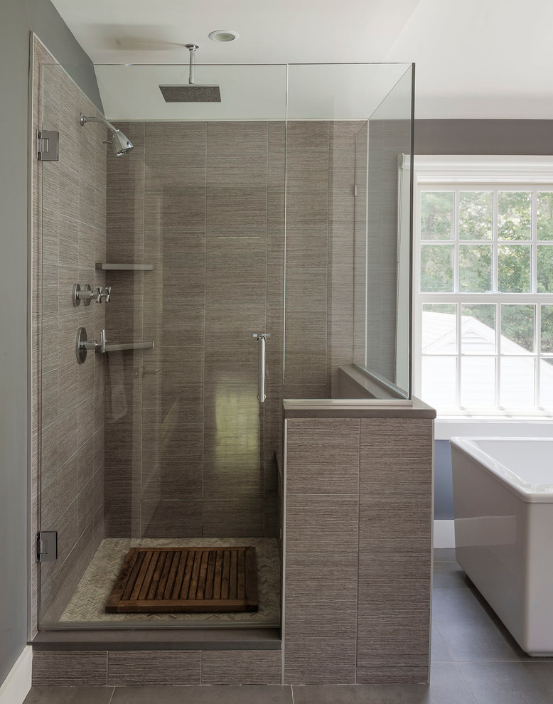 Bathroom - large modern master bathroom idea in New York with gray walls
