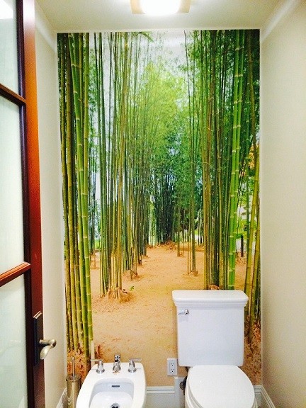 Réalisation d'une petite salle d'eau asiatique avec des portes de placard rouges, un bidet et un mur vert.