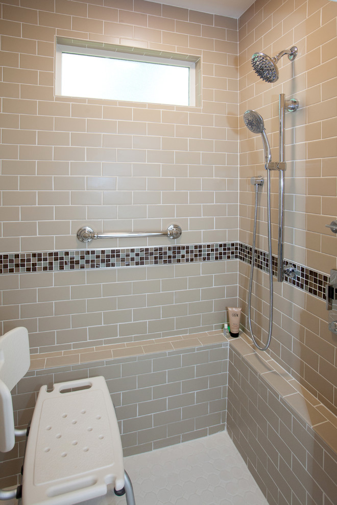 Doorless shower - traditional beige tile doorless shower idea in DC Metro with beige walls and a vessel sink