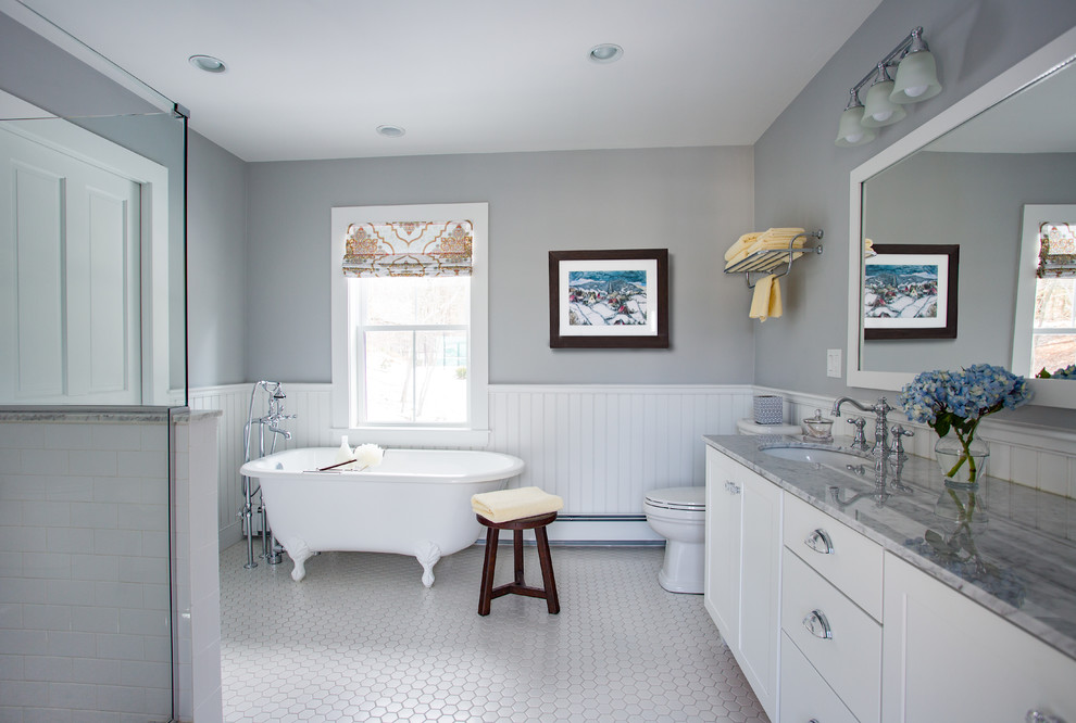 Bathroom - large farmhouse master white tile and ceramic tile ceramic tile bathroom idea in Boston with shaker cabinets, white cabinets, a one-piece toilet, gray walls, an undermount sink and granite countertops
